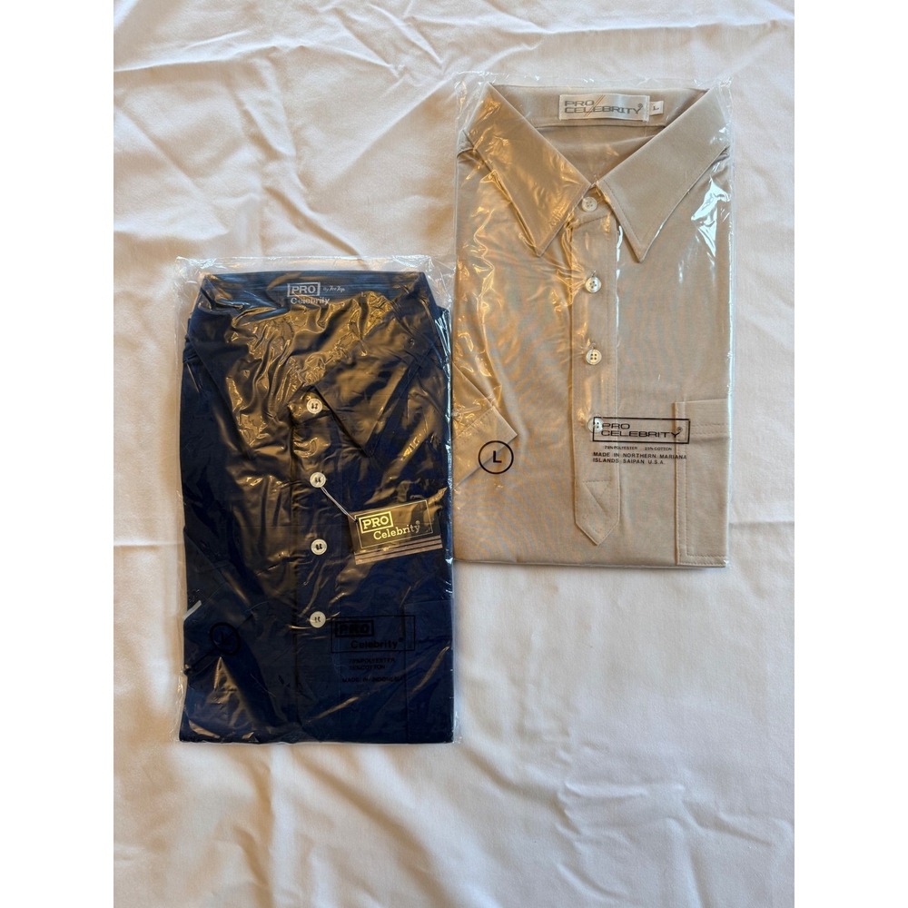 Lot 2 Pro Celebrity Mens Polo Shirts Large Navy Blue Khaki Tan Short Sleeve New